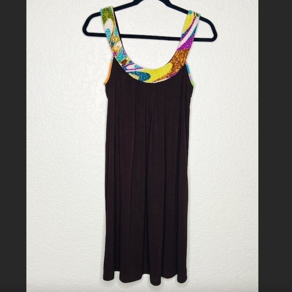 LYNDIA PROCANIK Brown Sleeveless Shift Dress Colorful Beaded Neckline Size Small